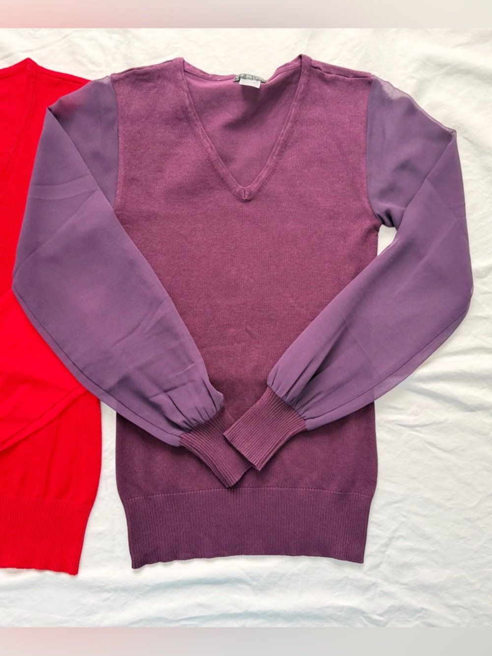 VENUS Bundle | 2 Sheer Sleeve Stretch Knit V-Neck Sweaters | Red & Purple | XS - Picture 6 of 16